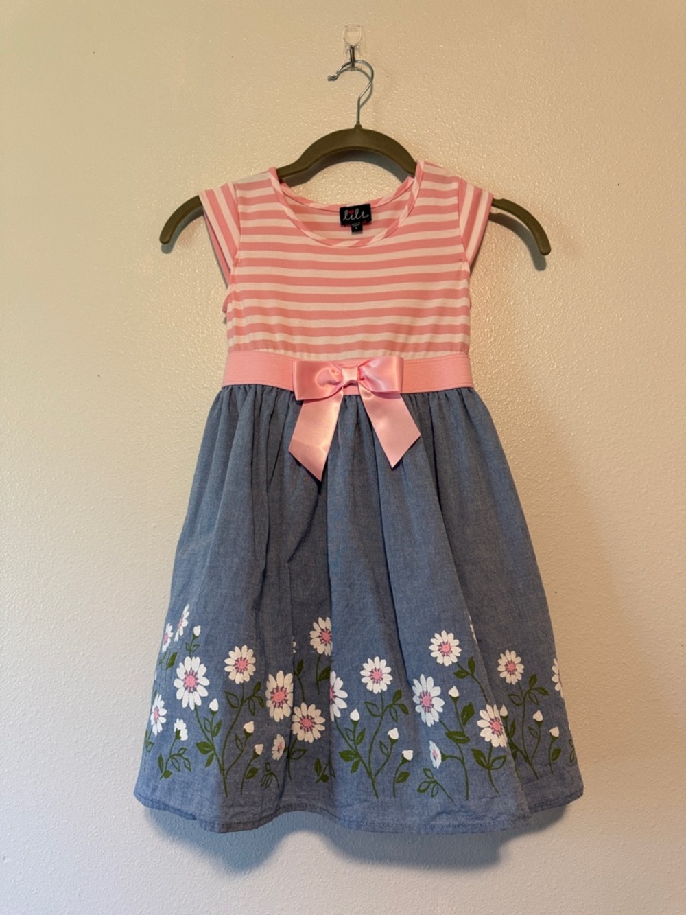 lilt Pink Striped Top with Blue Floral Chambray Skirt Dress